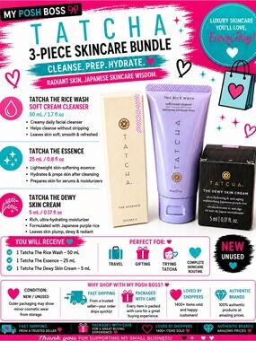 $10 SALE 💋Tatcha 3-Piece Skincare Set Rice Wash Essence Dewy Skin Cream NEW